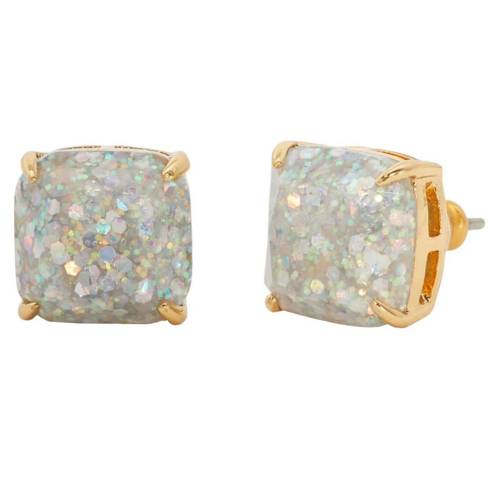 Kate Spade Earrings Mini Small Square Studs Earring Opal Glitter White Gold NEW